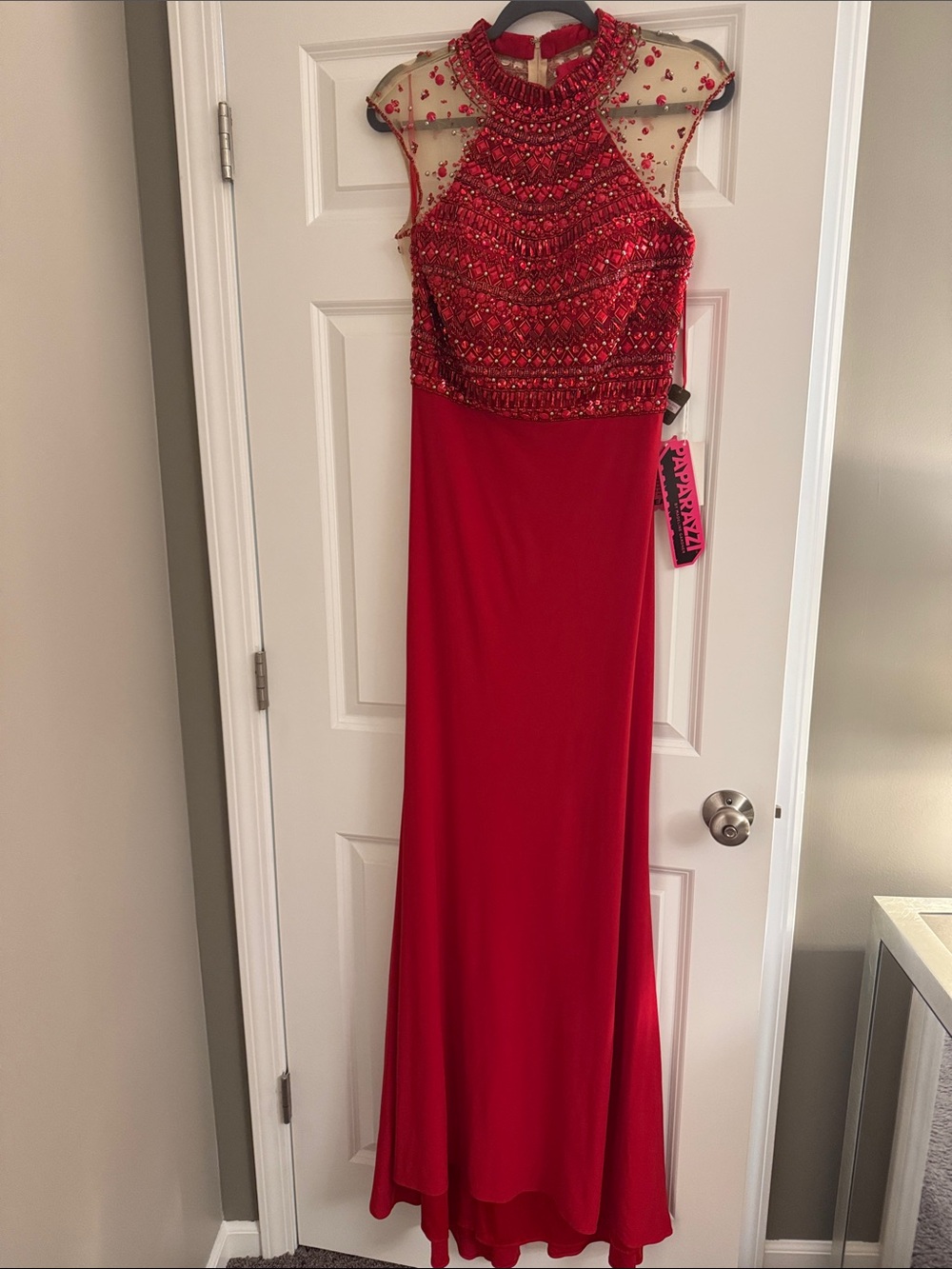 Red Beaded High-Neck Prom Gown